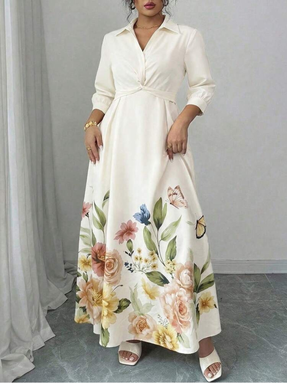 Elegant Cream Maxi Dress with Floral Hem and Collared V-Neck